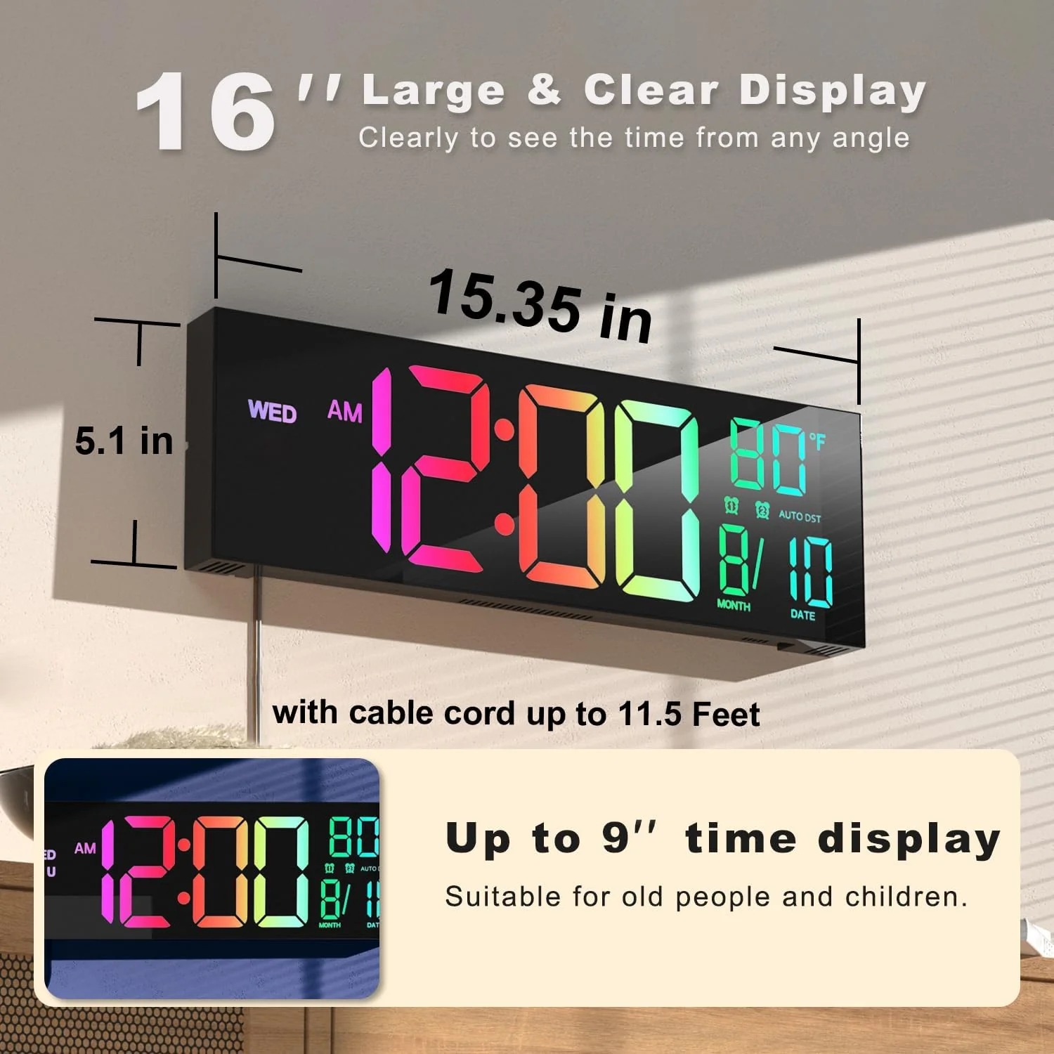 16" Large LED Digital Wall Clock – Remote Control, Temperature & Date Display - Image 3