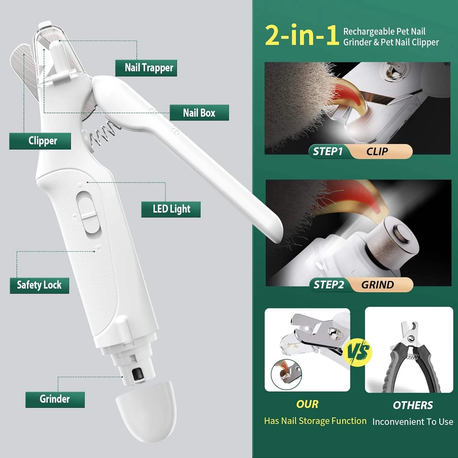 2-in-1 USB Rechargeable Dog Nail Grinder & Clipper with LED Light - Image 4