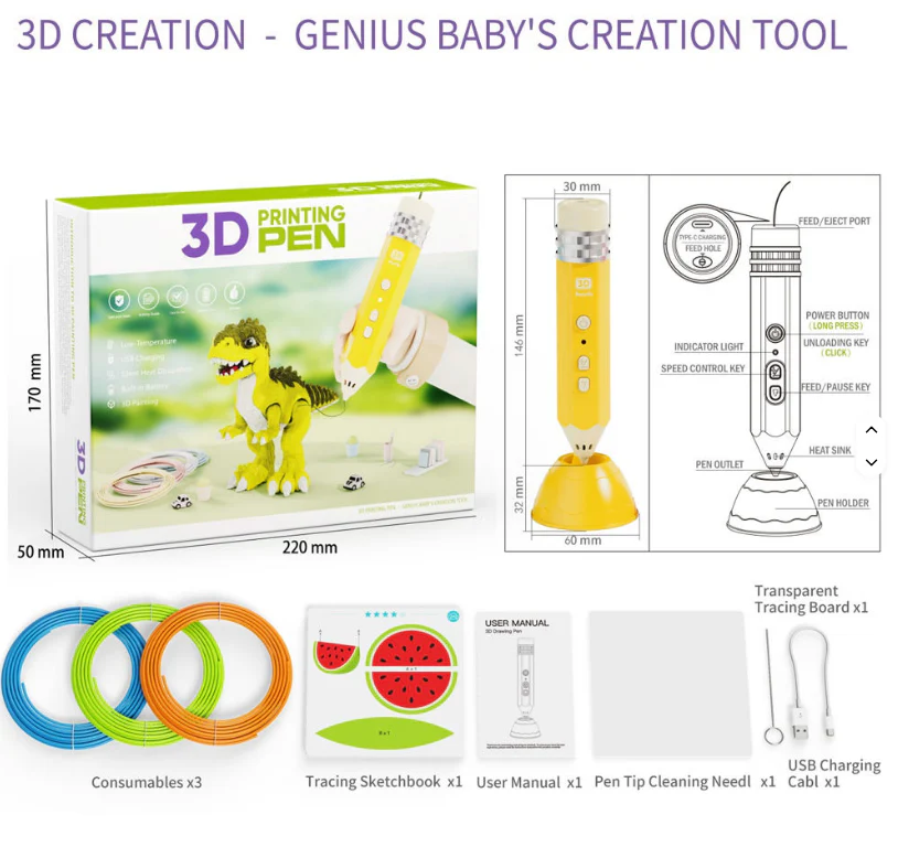 3D Printing Pen for Kids ā Low-Temperature Safe No-Burn Tip, Art Drawing & DIY Craft Pen Set with Filaments - Image 2