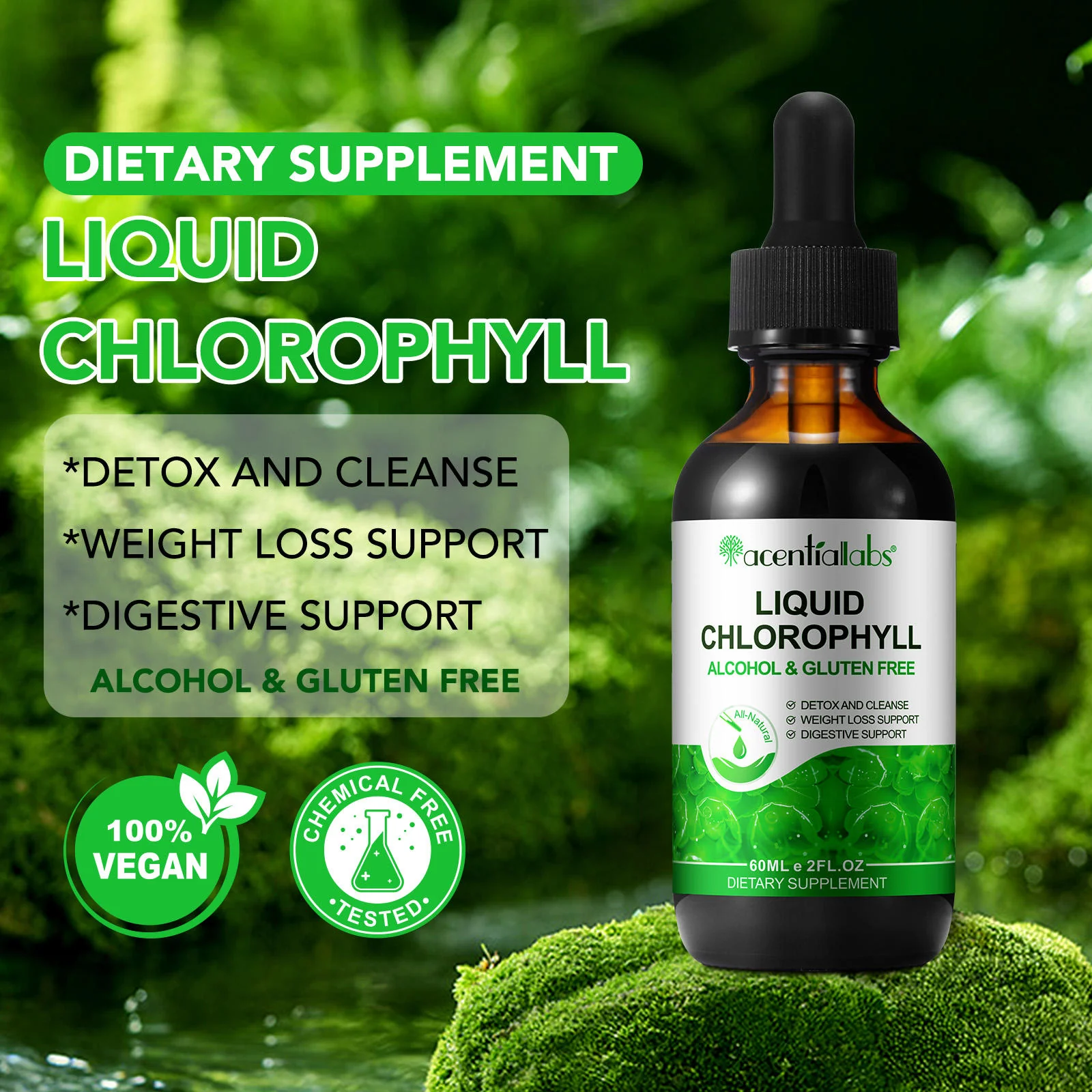 Acentiallabs Original Liquid Chlorophyll Drops β 100% Natural Vegan High Potency β Supports Digestion, Gut Health & Internal Deodorant