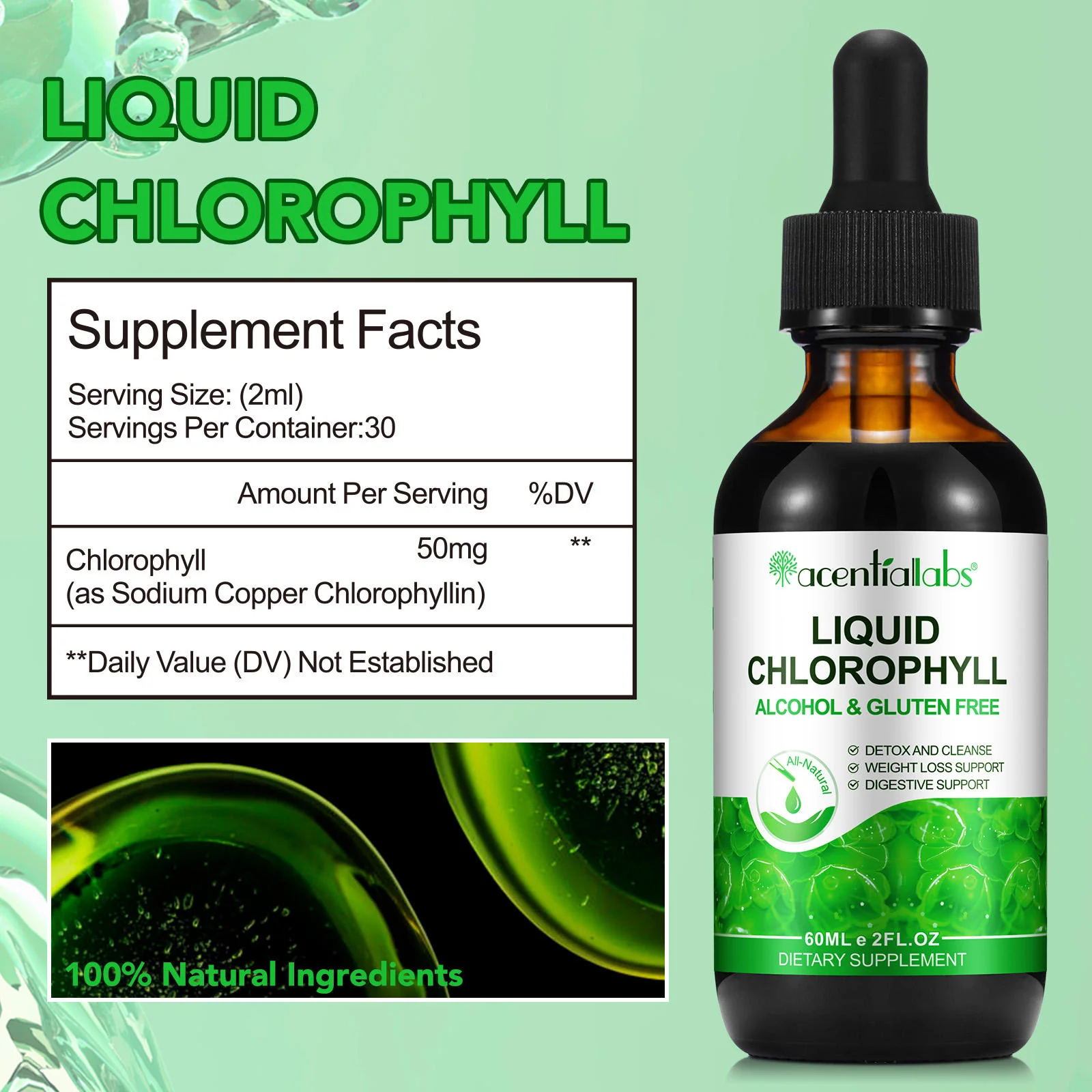 Acentiallabs Original Liquid Chlorophyll Drops β 100% Natural Vegan High Potency β Supports Digestion, Gut Health & Internal Deodorant - Image 3