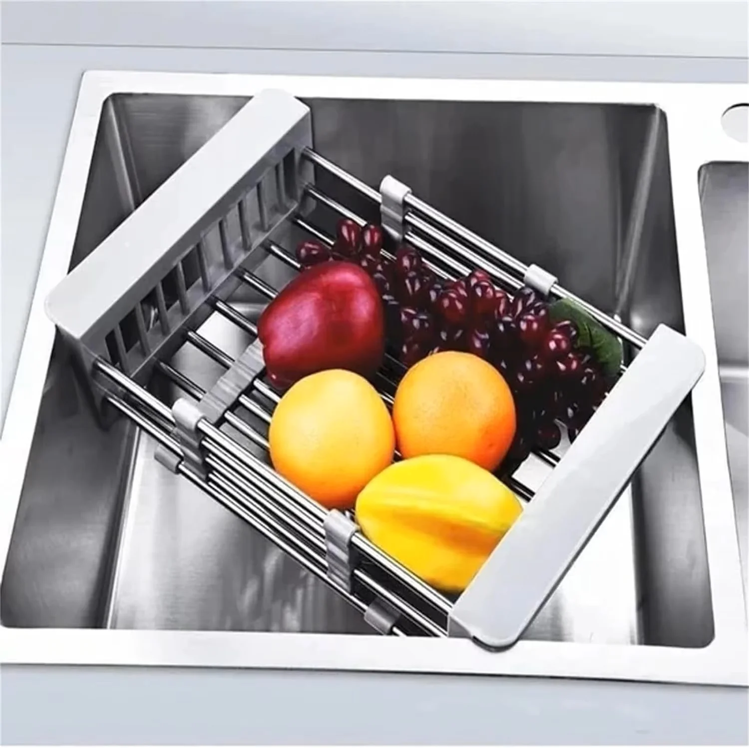 Adjustable Stainless Steel Over-the-Sink Dish Drying Rack & Fruit/Vegetable Drainer - Image 2