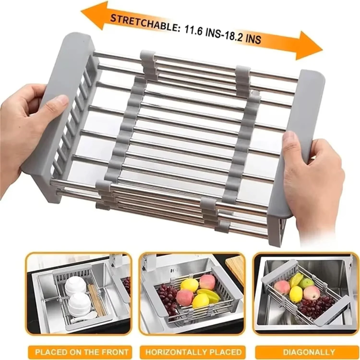 Adjustable Stainless Steel Over-the-Sink Dish Drying Rack & Fruit/Vegetable Drainer - Image 4