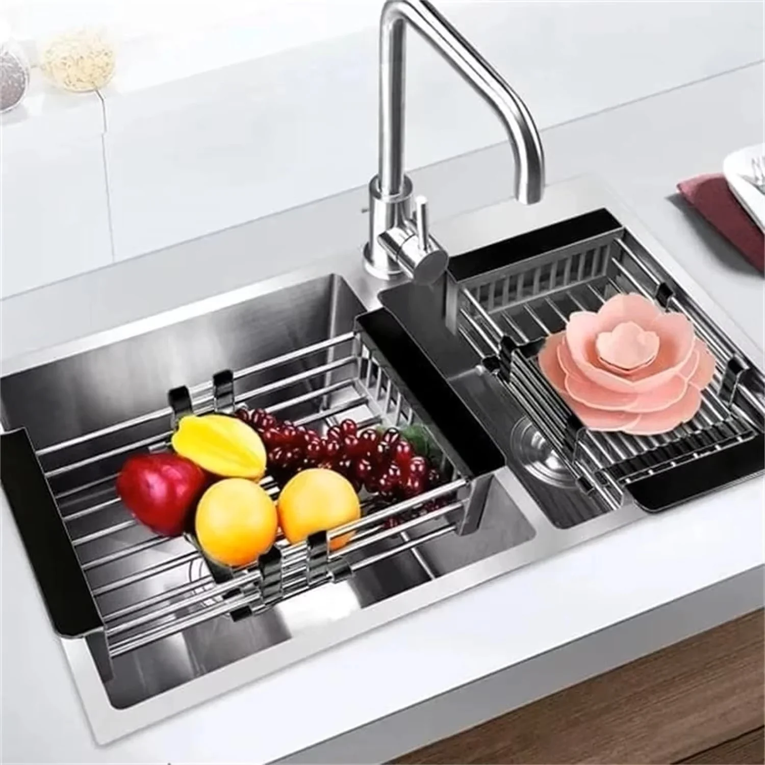 Adjustable Stainless Steel Over-the-Sink Dish Drying Rack & Fruit/Vegetable Drainer - Image 5