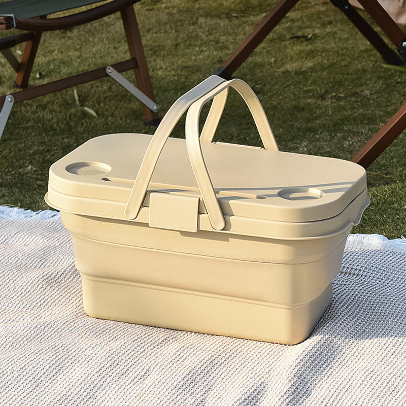 Collapsible Picnic Basket with Chopping Board Lid – Multifunctional Foldable Camping Table, Sink, and Food Storage Container