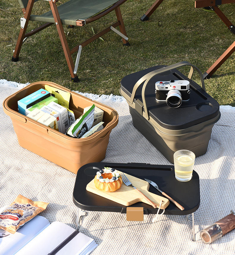 Collapsible Picnic Basket with Chopping Board Lid – Multifunctional Foldable Camping Table, Sink, and Food Storage Container - Image 4