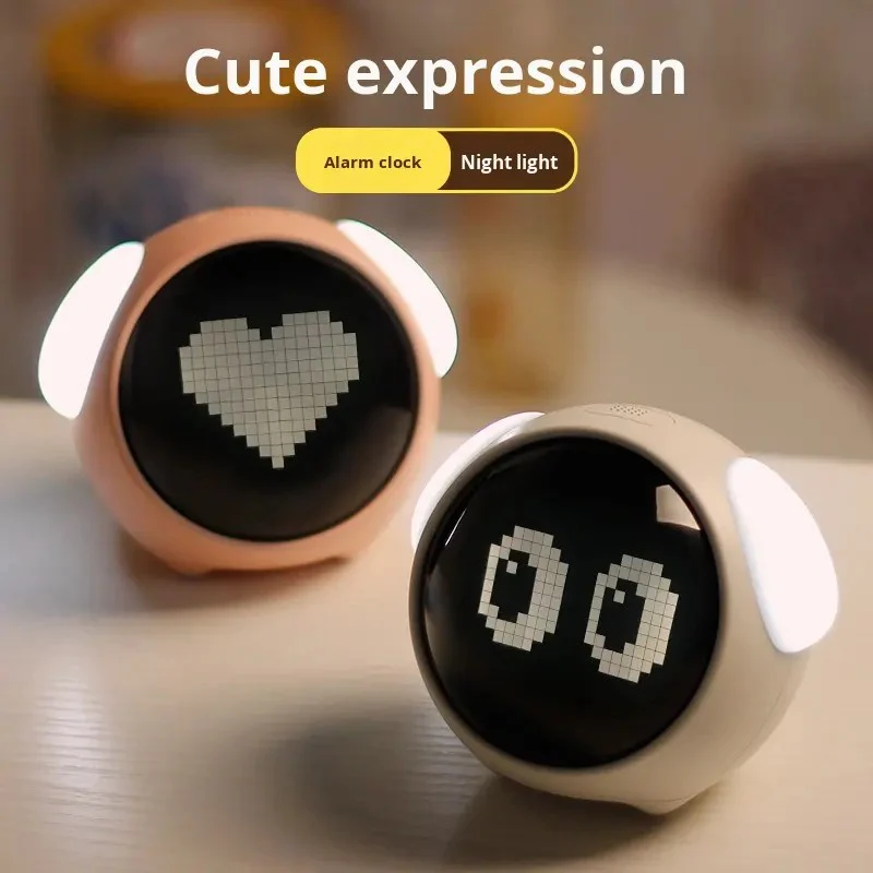 Cute Pixel Expression LED Night Light Alarm Clock – Smart Digital Alarm Clock for Kids, Voice Activated Nightlight & Snooze Function