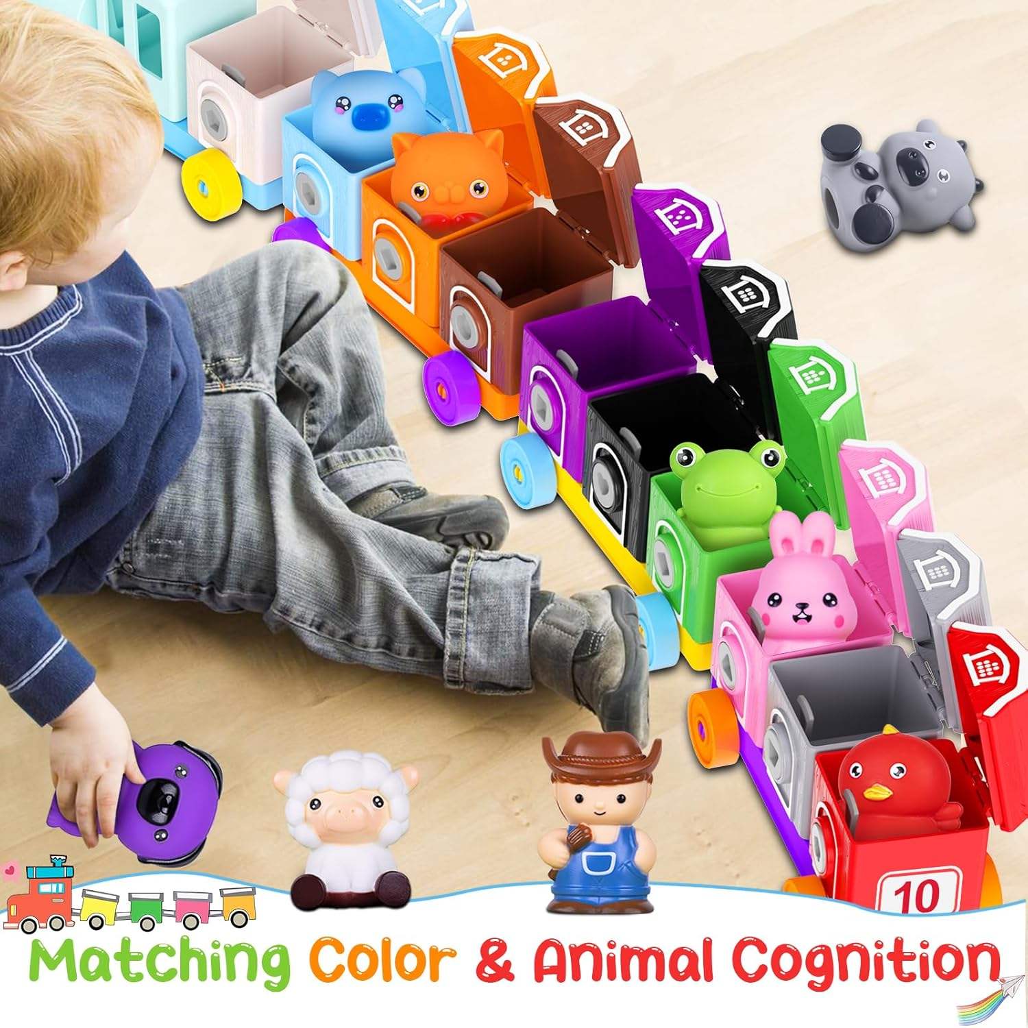 Montessori Counting Toy for Toddlers 1-3: Farm Animal Train & 10 Finger Puppets Matching Game