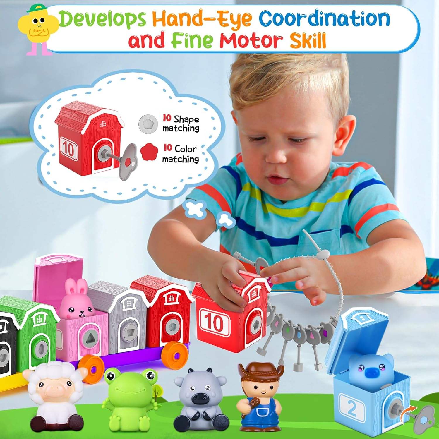 Montessori Counting Toy for Toddlers 1-3: Farm Animal Train & 10 Finger Puppets Matching Game - Image 3
