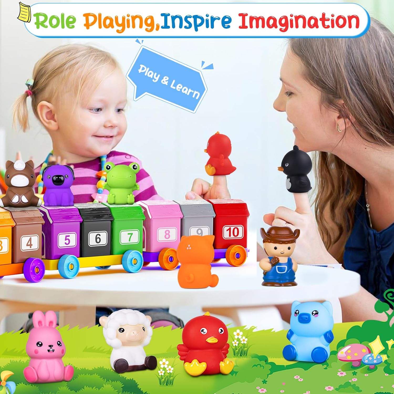 Montessori Counting Toy for Toddlers 1-3: Farm Animal Train & 10 Finger Puppets Matching Game - Image 5