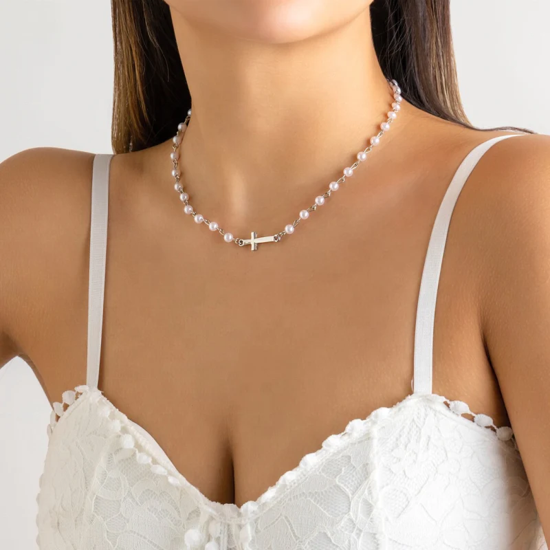 Pearl Beaded Cross Choker Necklace
