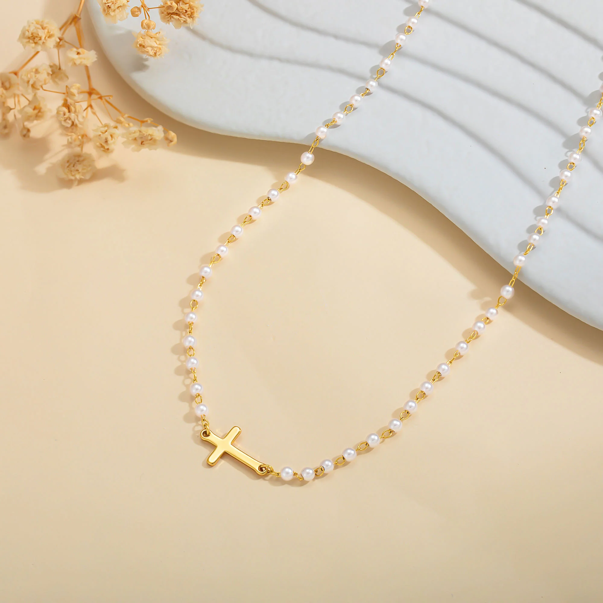 Pearl Beaded Cross Choker Necklace - Image 2