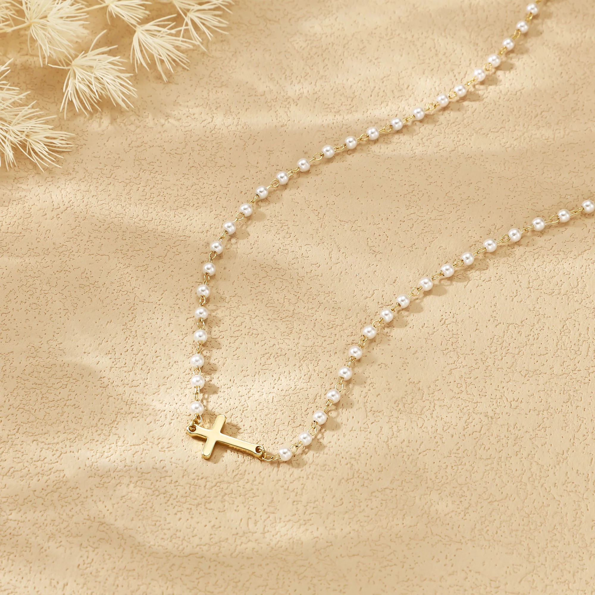 Pearl Beaded Cross Choker Necklace - Image 3