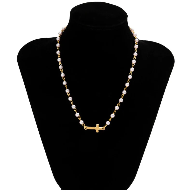 Pearl Beaded Cross Choker Necklace - Image 4