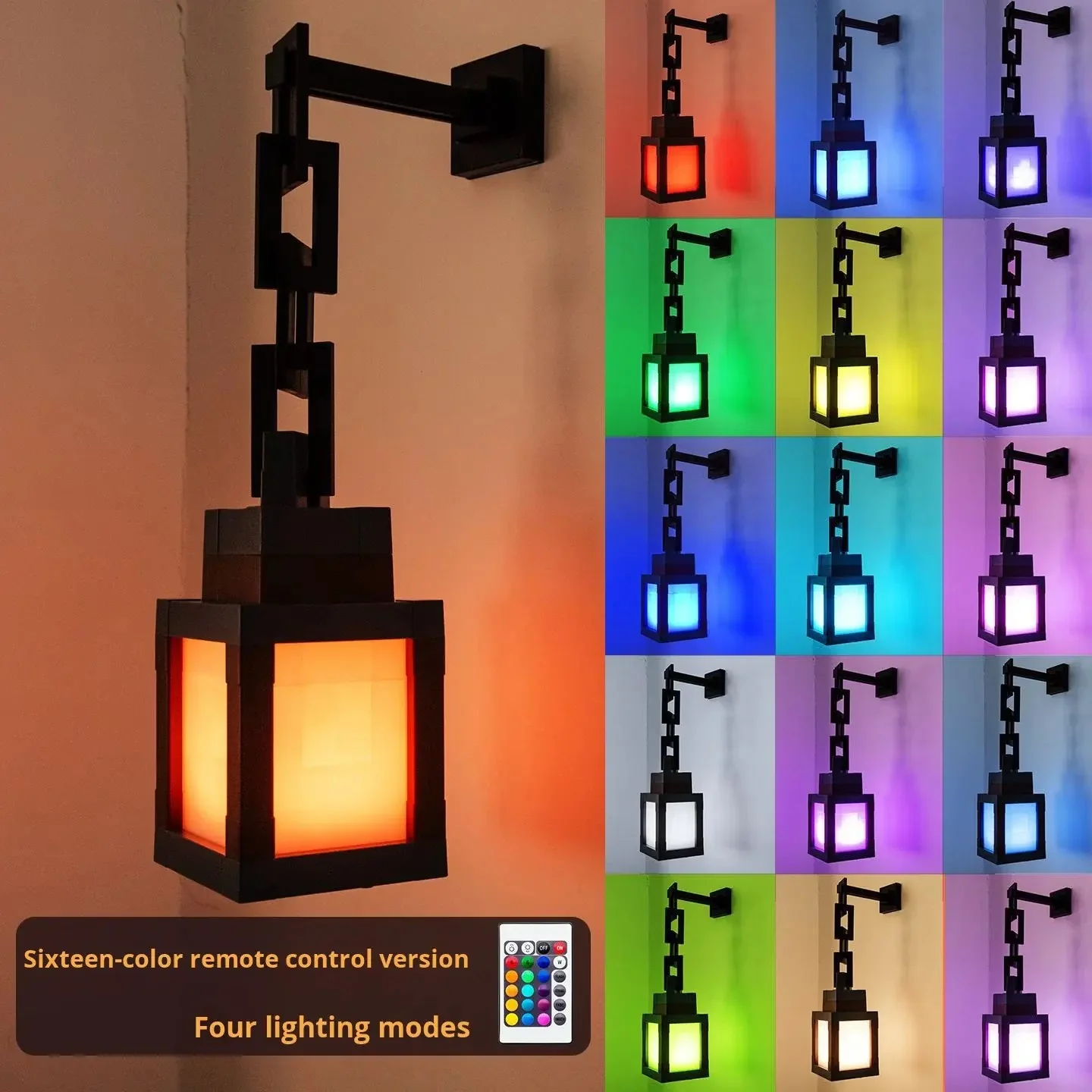 Pixel-style Square LED Lantern Night Light – Remote Controlled Multi-Color Wall Light for Gaming Rooms & Bedrooms