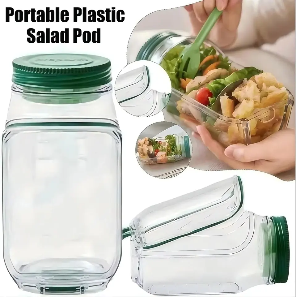 Portable Leakproof Salad Jar with Side Opening & Dressing Compartment