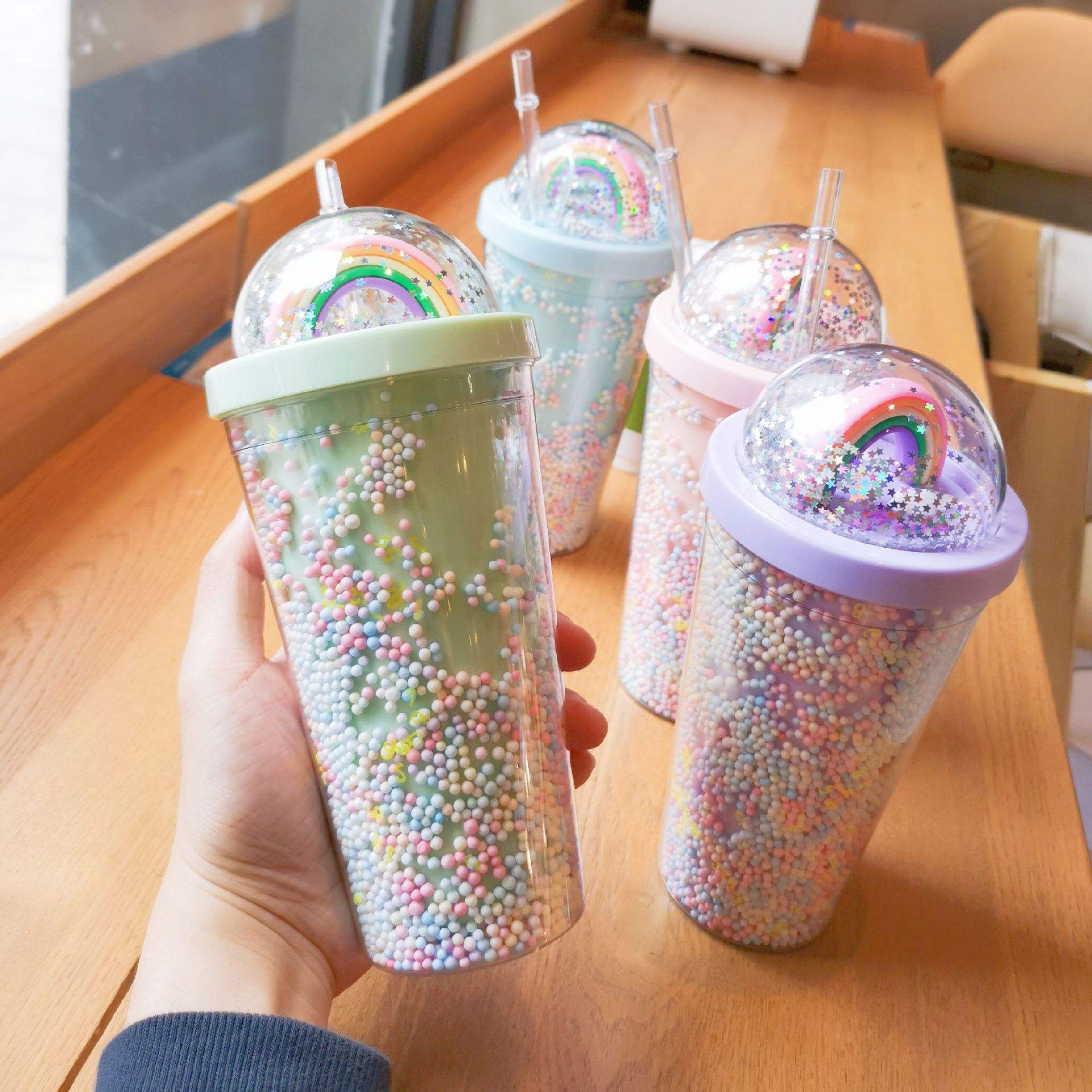 Rainbow Sparkle Tumbler – Double-Wall Glitter Sipper Cup with Straw