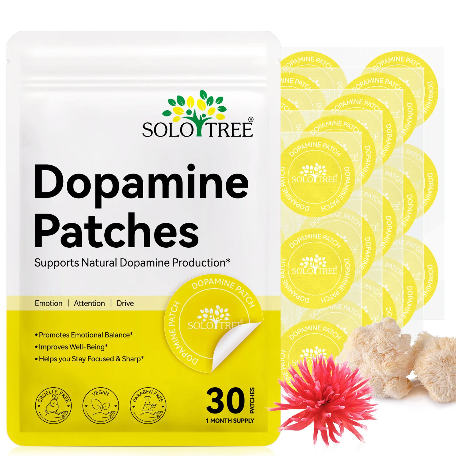 Solotree Dopamine Transdermal Patches – Natural Focus & Mood Support Patches for Cognitive Clarity & Motivation
