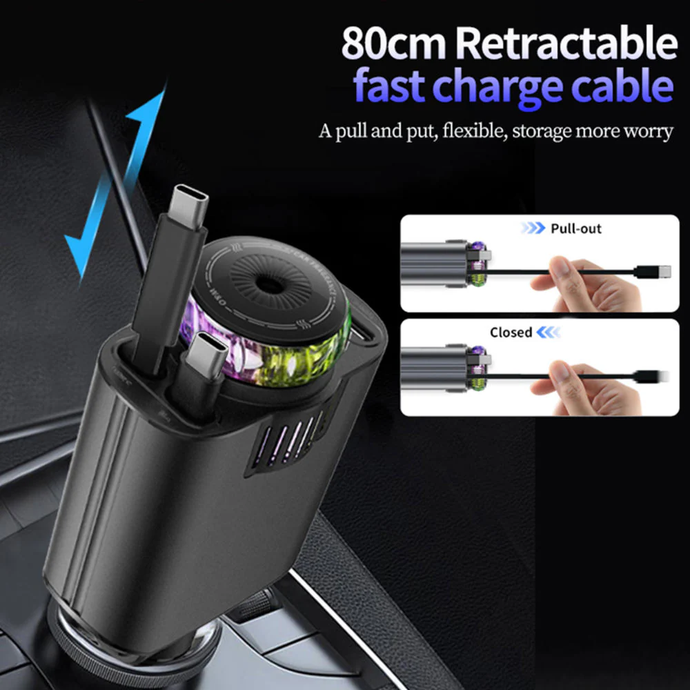 Starry Sky Ambient Light Car Charger with Retractable Dual Cables - Image 3