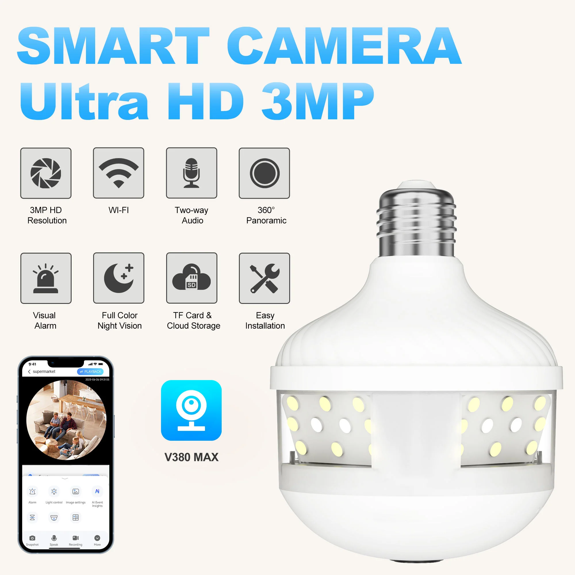 V380 App Smart 360° Light Bulb Security Camera with Night Vision