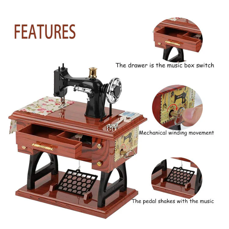 Vintage Sewing Machine Music Box โ Mechanical Desk Ornament - Image 2