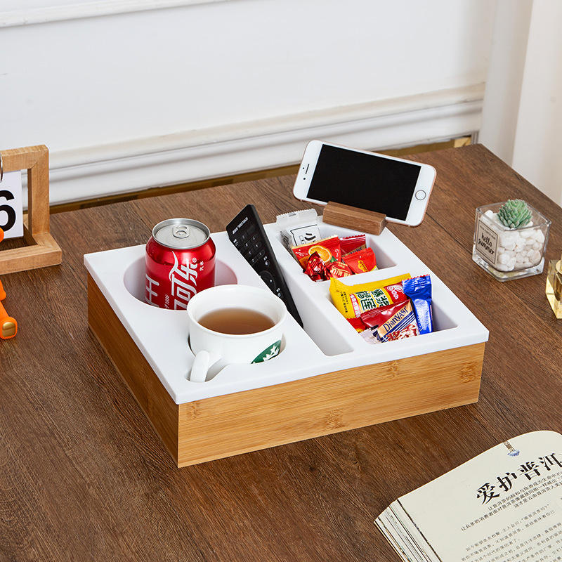 Wood & Soft Silicone Sofa Tray Organizer for Snacks Remote Multi-functional Coffee Table Tray with Cup Holder