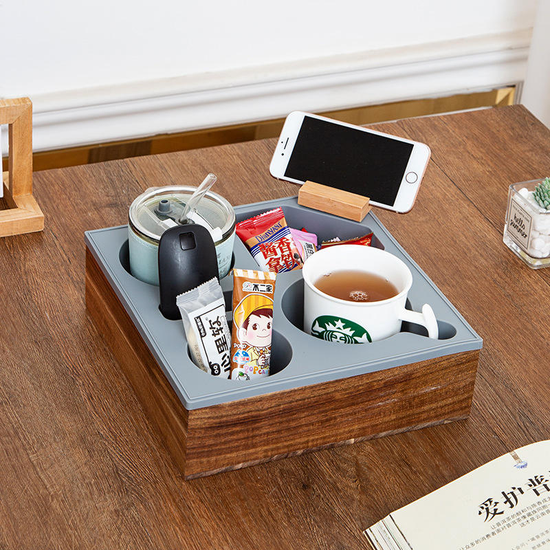 Wood & Soft Silicone Sofa Tray Organizer for Snacks Remote Multi-functional Coffee Table Tray with Cup Holder - Image 2