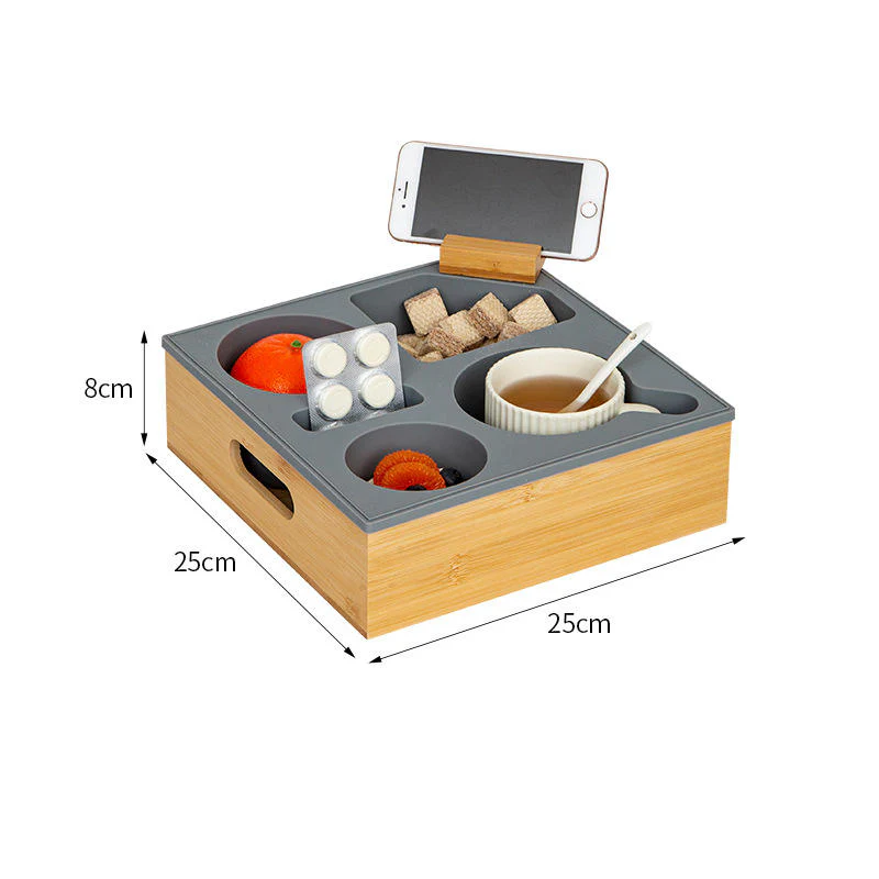 Wood & Soft Silicone Sofa Tray Organizer for Snacks Remote Multi-functional Coffee Table Tray with Cup Holder - Image 3