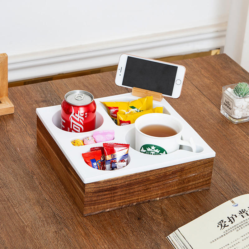 Wood & Soft Silicone Sofa Tray Organizer for Snacks Remote Multi-functional Coffee Table Tray with Cup Holder - Image 4
