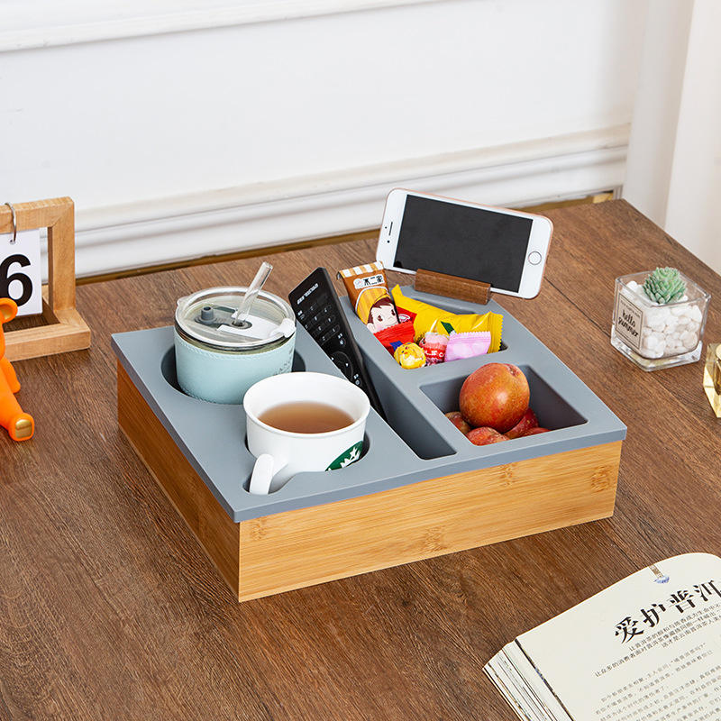 Wood & Soft Silicone Sofa Tray Organizer for Snacks Remote Multi-functional Coffee Table Tray with Cup Holder - Image 5