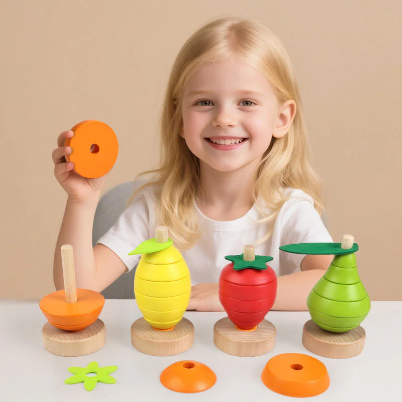 Wooden Fruit Sorting & Stacking Toy for Kids - Image 2